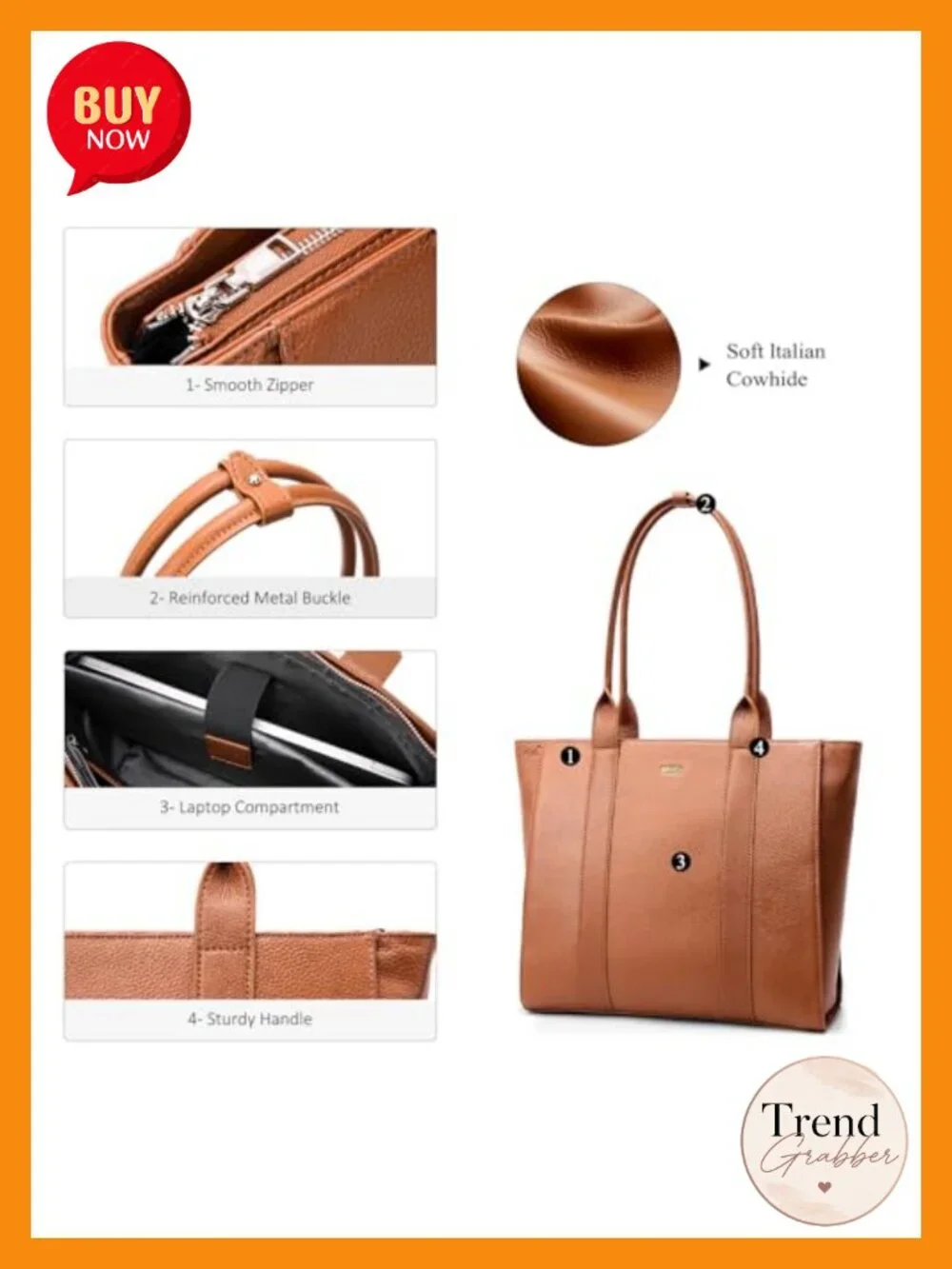 Full-Grain Leather Work Tote, Structured Business Tote, 15.6